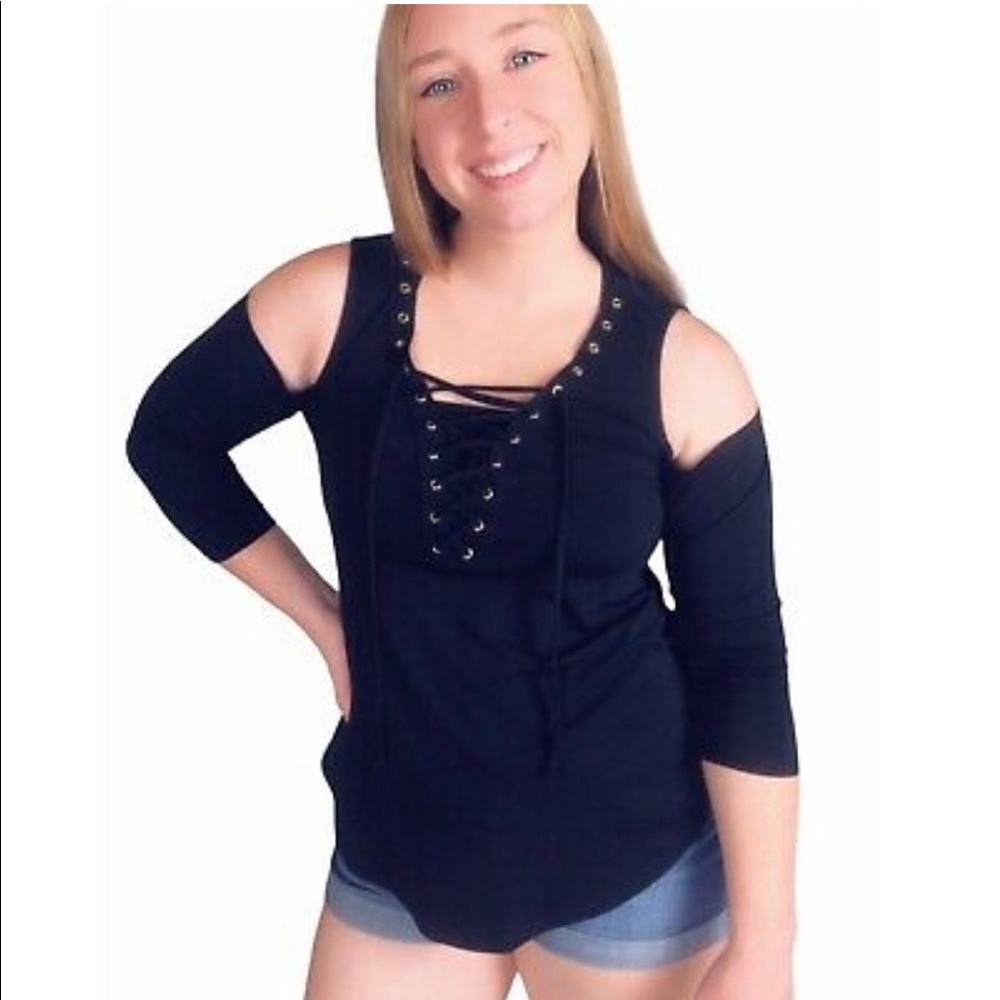 Cute IZ Byer black cold shoulder lace up top size small